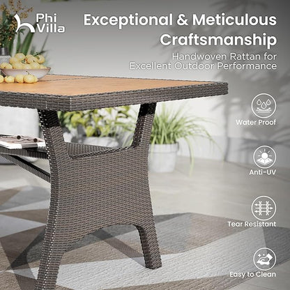 PHI VILLA Outdoor Dining Set for 8, Rectangular Wicker Table with Acacia Wood Top & Rattan Chairs with Cushions, 74” Large Modern Furniture Set for Patio, Deck, Backyard, Porch