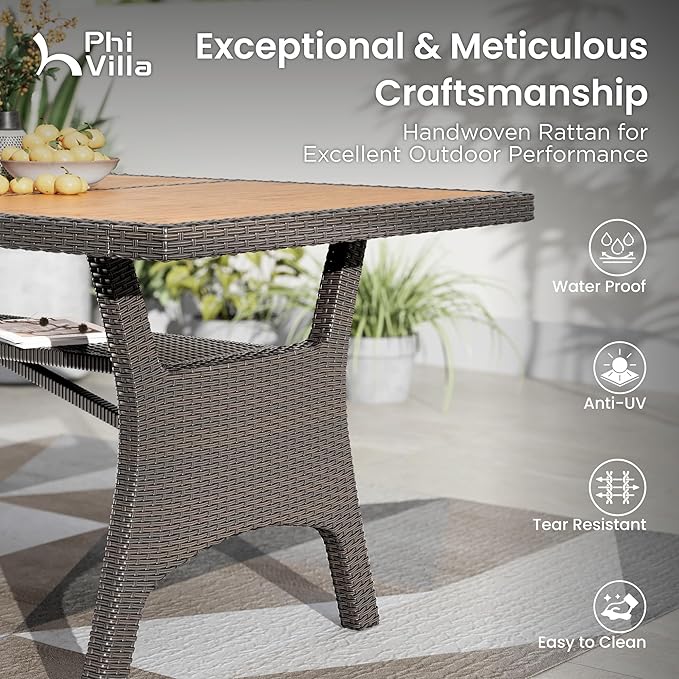 PHI VILLA Outdoor Dining Set for 6, Rectangular Wicker Table with Acacia Wood Top & Rattan Chairs with Cushions, 74” Large Modern Furniture Set for Patio, Deck, Backyard, Porch