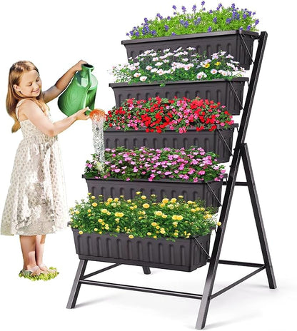 SEJOV 4FT Vertical Raised Garden Bed, 5 Tiers Elevated Planter Box for Herbs Vegetables Flowers, Graden Vertical Planter with Drainage System for Patio Balcony Garden Outdoor Indoor Plants (Black)