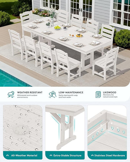 SERWALL 11 Piece Outdoor Dining Set, 84" HDPE Outdoor Table and Chairs for 10，All Weather Patio Furniture Set with Umbrella Hole for Backyard, Garden, White