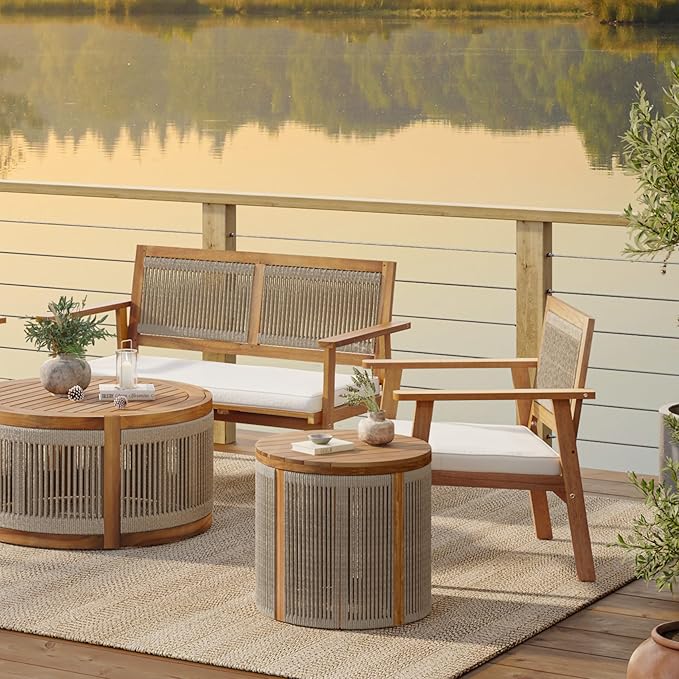 LuxenHome Outdoor Coffee Table, 17'' Tall Rope Modern Acacia Wood Outdoor Side Table for Patio, Garden Accent Round End Tables for Outside, Wooden Drum Table Indoor and Outdoor