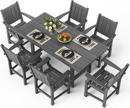 Pamapic 7 PCS Outdoor Dining Set, Spacious HDPE Outdoor Table and Chairs, Wood Grain Patio Furniture Sets with Elegant Armrest, All-Weather Outdoor Furniture with Umbrella Hole, Gray