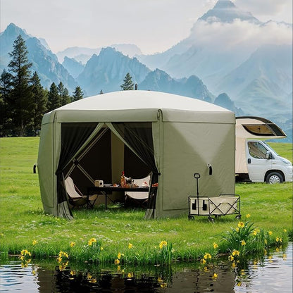 11.5x11.5FT 6-Sided Pop Up Gazebo Tent，One-Push Setup Canopy Tent with Mesh Panels & Removable Wind Cloths, Outdoor shelter for Camping, Backyard Parties, Outdoor Events - Army Green
