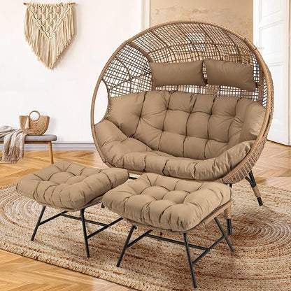 NICESOUL Indoor Outdoor Double Egg Chair with Footstools & 6.5" Thick Cushions, Oversized Wicker Egg Shaped Chair with Footrest, Stationary 2 Seater Comfy Loveseat for Patio Backyard Garden Sunroom
