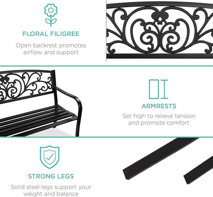 Best Choice Products Outdoor Bench Steel Garden Patio Porch Furniture for Lawn, Park, Deck w/Floral Design Backrest, Slatted Seat - Black
