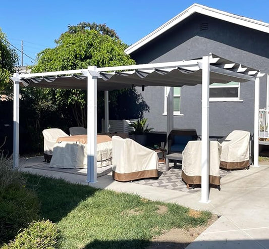 PURPLE LEAF 10' x 13' Aluminum Outdoor Pergola White Wind-Resistant Retractable Pergola with Double Sun Shade Canopy Heavy-Duty Metal Pergola for Patios Backyard Deck Garden, Grey