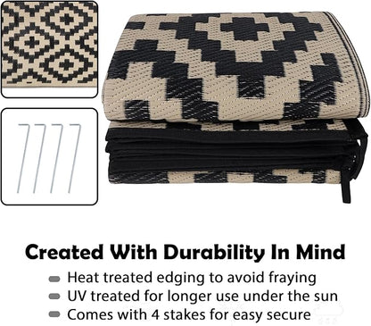 SAND MINE Waterproof Outdoor Rug 8x8 ft, Plastic Reversible Rug, Modern Area Rug, Large Floor Mat for Outdoors, RV, Patio, Backyard, Deck, Picnic, Beach, Camping, Black & Beige