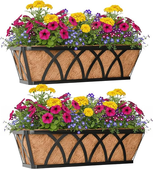 Window Deck Railing Planters Boxes with Coconut Liner, The Bottom Flat Window Boxes Planter Flower Boxes Metal Black Balcony Planters Railing Hanging for Outdoor Fence Porch Patio Lawn(2Pcs 30 Inch)