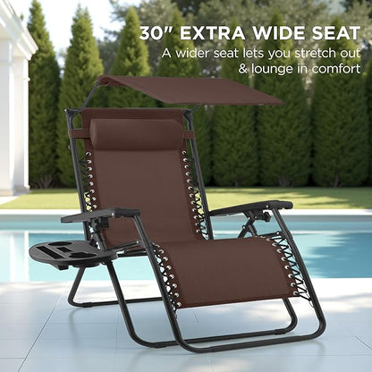 Best Choice Products 30” Wide Folding Zero Gravity Outdoor Recliner Patio Lounge Chair w/Adjustable Canopy Shade, Headrest, Side Accessory Tray - Brown