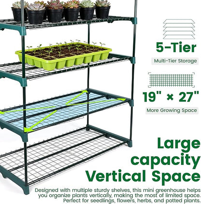 Worth Garden 5 Tier Mini Greenhouse - 75'' H x 27'' L x 19'' W - Sturdy Portable Gardening Shelves with PVC Cover - Small Porch Green House for Growing Plants Flowers Indoor & Outdoor