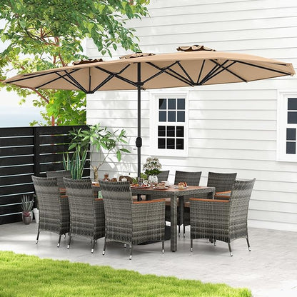 Tangkula 10 Pieces Patio Wicker Dining Set w/Double-Sided Patio Umbrella, Outdoor Acacia Wood Furniture Set w/ 8 Armchairs, 71” Dining Table & 15 ft Umbrella with Weighted Base (Coffee)