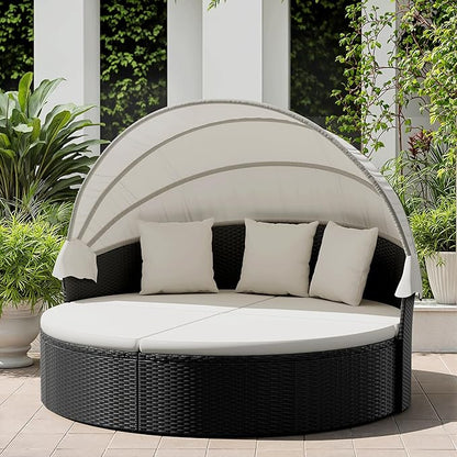 Patio Furniture Round Outdoor Daybed with Retractable Canopy Wicker Rattan Sectional Sofa for Lawn Garden Backyard Pool (Beige)