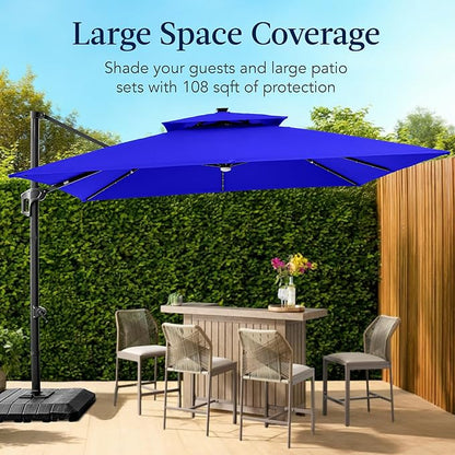 Best Choice Products 9x12ft LED Cantilever Patio Umbrella w/Base Included & 360° Rotation, Large Solar Offset Hanging Outdoor Sun Shade for Deck, Backyard Table w/Stand & Lights – Resort Blue