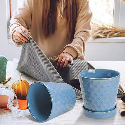 EFISPSS Plant Pots,5 Inch Pots for Indoor Plants,Planters with Drainage Hole and Saucer, Ceramic Flower Pots Desktop Office Windowsill Decoration Gift Set of 4 - Sky Blue
