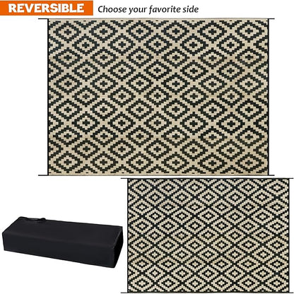SAND MINE Reversible Mats, Plastic Straw Rug, Modern Area Rug, Large Floor Mat and Rug for Outdoors, RV, Patio, Backyard, Deck, Picnic, Beach, Trailer, Camping, Black & Beige, 10' x 14'