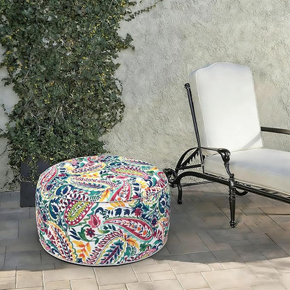 LVTXIII Indoor/Outdoor Extra Large Inflatable Ottoman Pouf D31 x H14 Inch, Round Footstool with Handle, Weather-Resistant Portable Furniture for Patio, Camping, Beach, Vigour Paisley