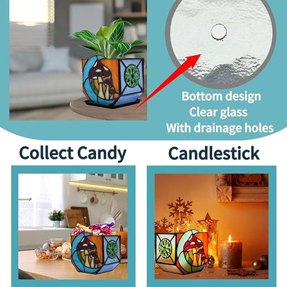 Stained Glass Moon Mushroom Planter, Indoor Decorative Plant Pot with Drainage, Mushroom gifts4.6x3x5.15 Inches