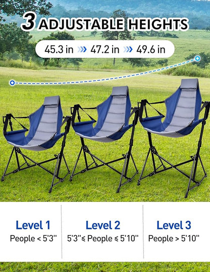 Hammock Camping Chair - 3 Heights Portable Hammock Chair Camping with Adjustable Backrest, Headrest, Padded Seat, Cup Holder - 450 LBS Heavy Duty