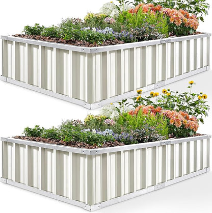 KING BIRD Raised Garden Bed 68" x 36" x 12" (2 Packs) Galvanized Steel Metal Outdoor Planter Kit Box for Vegetables, Flowers, Fruits, and Herbs, Ivory