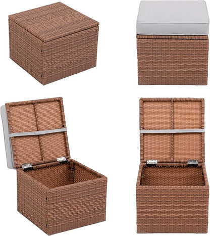 Premium Elegant Gray/Tawny 16.5" 2-Piece w/ 3" Fade-Proof Cushion, All-Weather Wicker Indoor/Outdoor Ottomans, PE Rattan Side Table & Footstools, Footrest, Ideal for Patio.