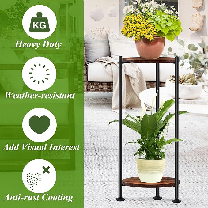 2-Pack Plant Stand Indoor Outdoor, 30'' Tall Plant Stands for Indoor Plants, Heavy Duty Indoor Plant Shelf, 2 Tier Flower Stand for Living Room, Balcony, Deck(Brown)