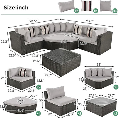 Merax 7-Piece Outdoor Wicker Sectional Sofa Set,Modular Rattan Conversation Set with Gray Cushions,Striped Green Pillows & Tempered Glass Coffee Table for Patio,Garden,Deck,Brown