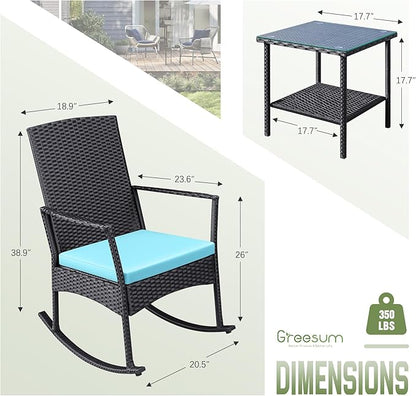 Conversation Set, 3-Piece Wicker Rocking Chairs with Coffee Table, Blue