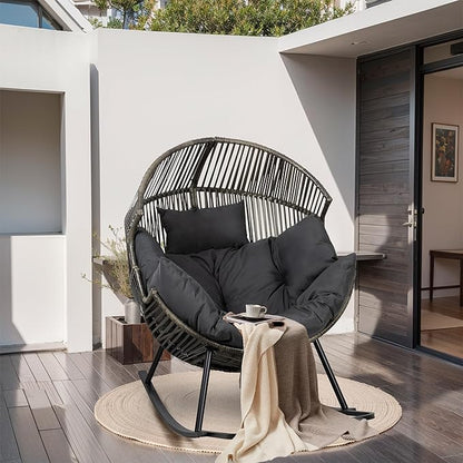 JAMFLY Egg Chair Rocking Chairs, Wicker Patio Chair Oversized Lounger Chair with Cushion for Indoor Living Room Bedroom Outdoor Patio Backyard Balcony Garden, Dark Gray