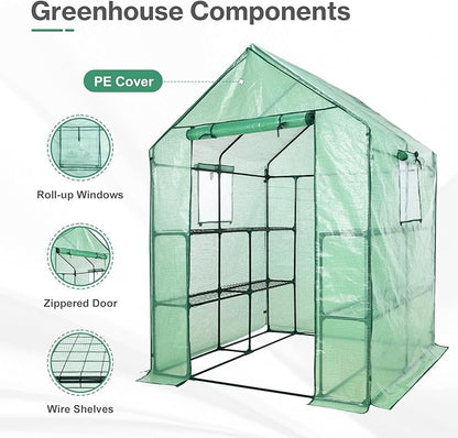 Aoodor Walk-in Greenhouse with 8 Shelves, 4.7 × 4.7 × 6.4 ft Outdoor Garden Plant House with PE Cover for Growing Vegetables, Flowers, Herbs