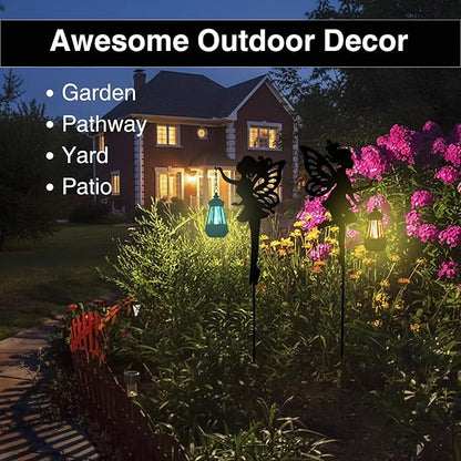 Solar Fairy Garden Lights Outdoor – Spring Decorations Yard Ornaments, Color-Changing LED Fairy Statue with Lantern, Solar Powered Garden Stakes for Patio, Lawn & Pathway Decor (Set of 2)
