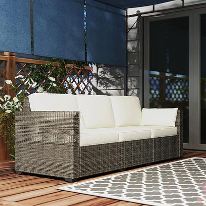 Outsunny Patio Couch PE Wicker Deep Seating Outdoor Sofa with Removable Cushions, 3 Seater Rattan Sofa, Outdoor Furniture for Balcony, Deck, Garden and Poolside, Cream White