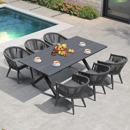 PURPLE LEAF 7 Pieces Longer Outdoor Dining Set with Patio Aluminium Dining Table and Wicker Chairs Modern Furniture Cushions Sets for Backyard Indoor Decor Kitchen Gray