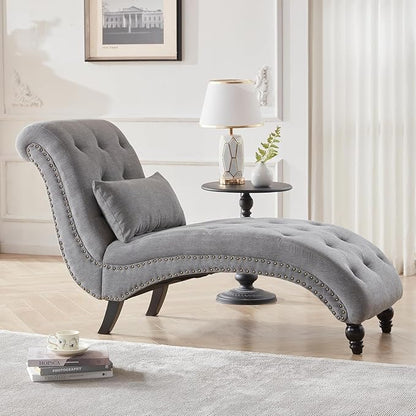 Tufted Soft Chaise Lounge Chair for Bedroom, Linen Rivets Chaise Lounge Indoor, Armless Upholstered Chaise Couch Chair for Living Room with Square Cushions and Solid Wood Legs, Gray