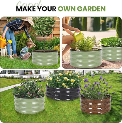 G GOOD GAIN Round Raised Garden Bed - 3Pcs 2x2x1ft Galvanized Steel Planter Boxes Outdoor with Rubber Edge Trim | Metal Raised Beds for Gardening Vegetables Flowers Fruits Herbs (Olive Green)