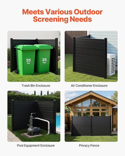 VEVOR 2 Panels Outdoor Privacy Screen, 48 x 48 in Air Conditioner Fence with 27.6 in Ground Stakes, Pool Equipment Enclosure, Horizontal Vinyl Privacy Fence, Ideal for Trash Can and A/C Units, Black