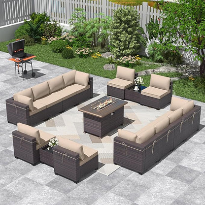 ALAULM Patio Furniture Set with Fire Pit Table 55000 BTU, Outdoor Sectional with Wide Seat and Thick Cushion, 15 Piece Wicker Rattan Conversation Set with Coffee Table for Garden, Deck, Sand