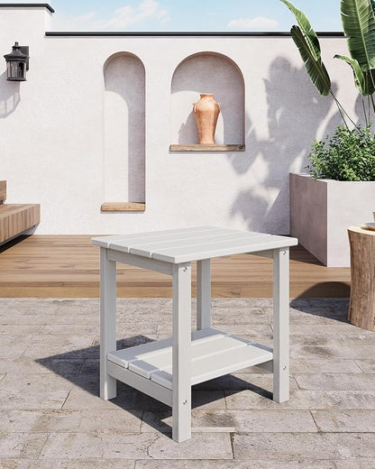 GarveeLife Outdoor Side Table 2-Tier, 18 in HDPE All Weather Resistant Patio Side Tables for Outside, End Table for Patio Pool Deck Indoor Backyard, White-2Pcs