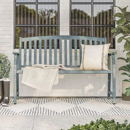 Grand patio 52" Farmhouse Outdoor Bench, Garden Benches with Anti-Rust Aluminum Metal Frame, Faux Wood Grain Finish Frame Patio Bench for Front Porch, Weathered Blue