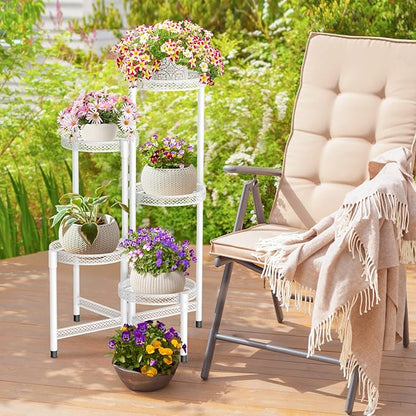 iDavosic.ly Plant Stand Indoor Outdoor, 5 Tier Corner Metal Flower Display Holder Shelf, Easy Assembly Folding Tall Orchid Rack for Patio Balcony Porch Garden Living Room House, Wrought Iron - White