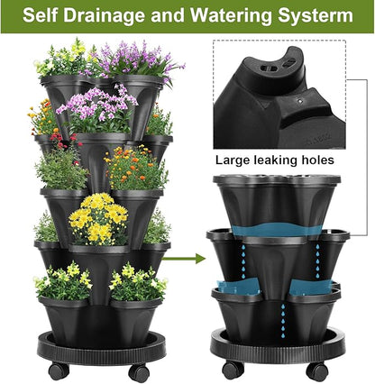 Umigy 2 Set 5 Tier Stackable Planters Vertical Garden Planters for Strawberry Herb Flower and Vegetable Indoor Outdoor Gardening Pots with Removable Wheels and Bottom(Black)