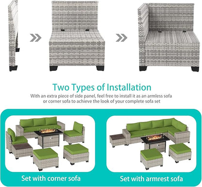 9-Piece Outdoor Patio Furniture Set with 55,000 BTU Fire Pit Table, PE Wicker Rattan Sectional Sofa Patio Conversation Set with Ottomans & Coffee Table, Avocado Green