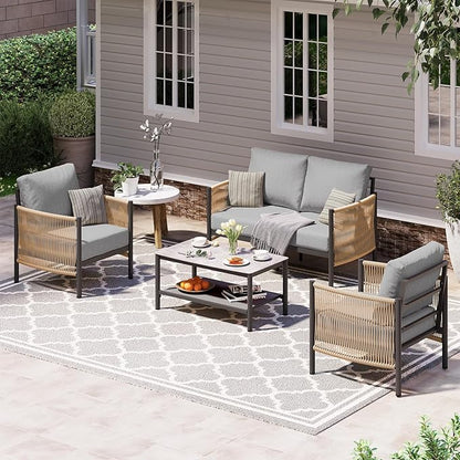 Aluminum Outdoor Patio Furniture Set with Dual-Layer Coffee Table, 4 Piece Modern Patio Conversation Sets with PE Rope, Outdoor Sectional Sofa with Thick Cushions for Balcony, Deck, Gray
