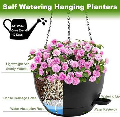 12 inch Hanging Planters for Indoor Plants, 2 Pack Self-Watering Hanging Planter Pots with Chain and Drainage Holes, Outdoor Plastic Hanging Baskets for Garden Home Decor (Black, 2pcs/12inch)