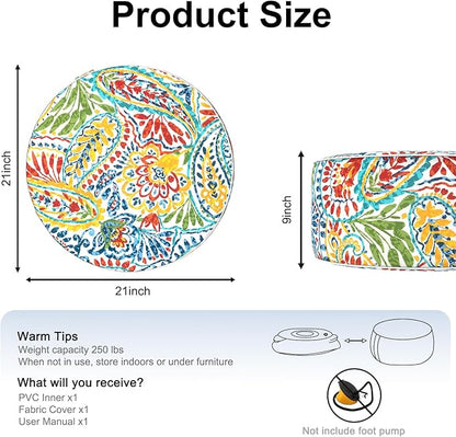 Inflatable Ottoman Stool D21 xH9 for Outdoor/Indoor Use, Water Repellent Patio Foot Rest Stool with Portable Handle,Round Pouf Ottoman Suitable for Garden,Deck and Camping - Paisley Multi