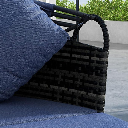 Outsunny 4-Piece Round Convertible Daybed with Cushions, Outdoor PE Rattan Patio Wicker Sofa Set, Sunbed with Adjustable Sun Canopy, Sectional Sofa, 2 Chairs, Table, 3 Pillows, Dark Blue