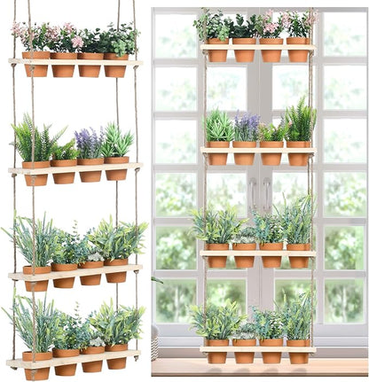 4 Tiered Window Plant Shelves Hanging Herb Planter Indoor Display with 16 Pcs Flower Pots Wood Window Plant Hanger for Grow Herbs Succulents Microgreens Seedling Organization
