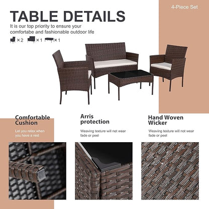 Shintenchi 4 Piece Outdoor Patio Furniture Set, Wicker Rattan Patio Conversation Set, Outdoor Chairs and Loveseat with Coffee Table for Porch, Yard & Poolside (Brown)