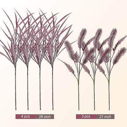 7 PCS Artificial Stems Fake Plants for Spring Summer Decor, 26 in Fake Leaves Greenery Branches Purple Silk Flowers Faux Foliage DIY Stems for Vase Home Kitchen Farmhouse Indoor Table Centerpiece