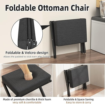 Foldable Foot Stool Ottoman, Small Padded Foot Rest with Bamboo X-Legs, Portable Folding Leg Rest for Living Room Bedroom Office, Soft Foam Cushion Step Stool for Couch & Armchair (Black)