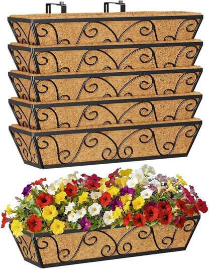 6pcs 24 Inch Window Deck with Coco Liner, 24" Window Boxes Horse Trough with Coconut Coir Liner, Metal Hanging Flower Planter Window Basket Deck Railing Planter Boxes for Outdoor Indoor Lawn